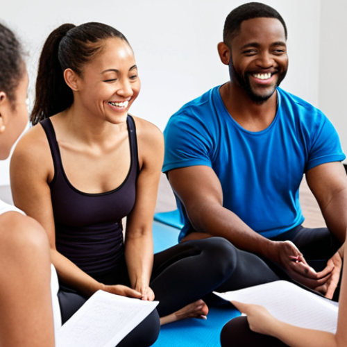 **

A diverse group of yoga students smiling and sharing feedback (written notes, or speaking) with a yoga instructor after a class. The instructor is attentively listening and taking notes, radiating a welcoming and empathetic aura. Soft, natural light bathes the scene, emphasizing the positive and supportive atmosphere. Focus on creating a sense of community and open communication.

**