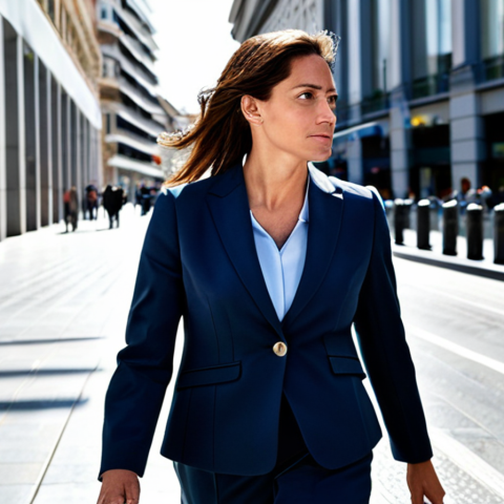 **
A professional businesswoman in a modest business suit, walking through a bustling financial district in Madrid, Spain. Fully clothed, appropriate attire, safe for work. Perfect anatomy, natural proportions, professional photography, bright daylight.
**