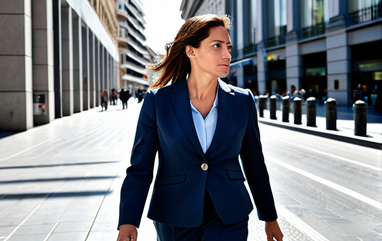 **
A professional businesswoman in a modest business suit, walking through a bustling financial district in Madrid, Spain. Fully clothed, appropriate attire, safe for work. Perfect anatomy, natural proportions, professional photography, bright daylight.
**