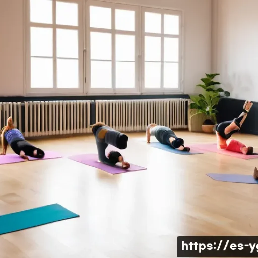 요가강사로서 네트워킹 하기 - A diverse group of professional yoga instructors in a bright, modern studio in Spain, engaging in a ...