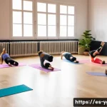 Home 22 요가강사로서 네트워킹 하기 - A diverse group of professional yoga instructors in a bright, modern studio in Spain, engaging in a ...