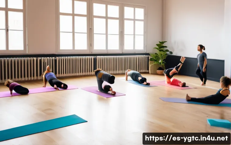 요가강사로서 네트워킹 하기 - A diverse group of professional yoga instructors in a bright, modern studio in Spain, engaging in a ...