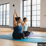 Home 19 요가강사 지속 가능한 수업 운영 - A serene yoga class scene in a bright, spacious studio with diverse adult students wearing comfortab...