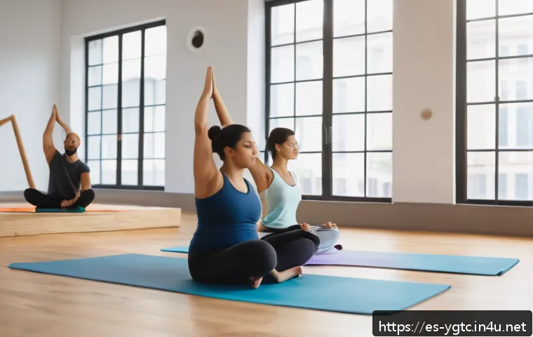 요가강사 지속 가능한 수업 운영 - A serene yoga class scene in a bright, spacious studio with diverse adult students wearing comfortab...