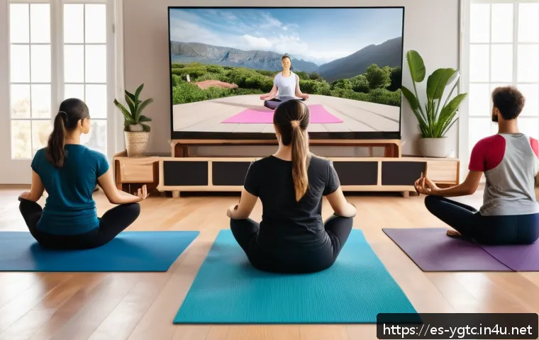 요가강사 코로나 시대 적응기 - A modern digital yoga class scene showing a diverse group of adult students practicing yoga at home ...