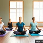 Home 23 요가강사 심화 워크샵 정보 - A serene yoga studio with a diverse group of adult students practicing mindful yoga poses, all dress...